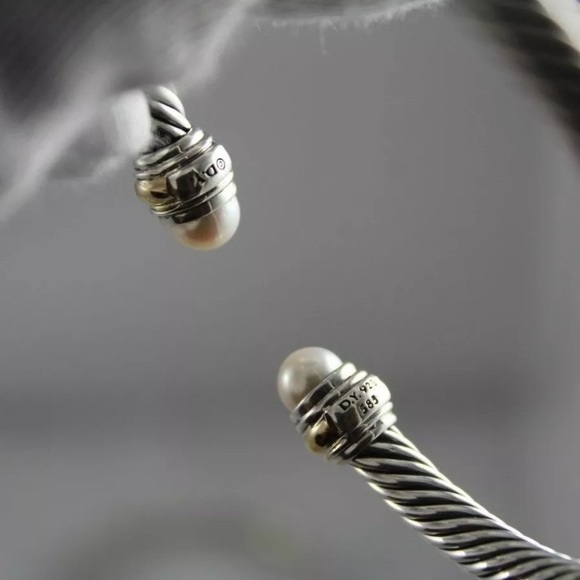 David Yurman Sterling Silver & 14k Gold Pearl 5mm Cable Cuff Bracelet Sz Medium - Picture 3 of 4